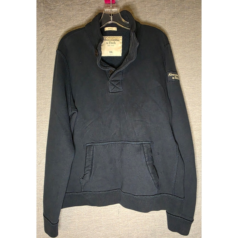 625 Abercrombie & Fitch Mens XXL Muscle Fit Mock Neck Button Sweatshirt NavyBlue